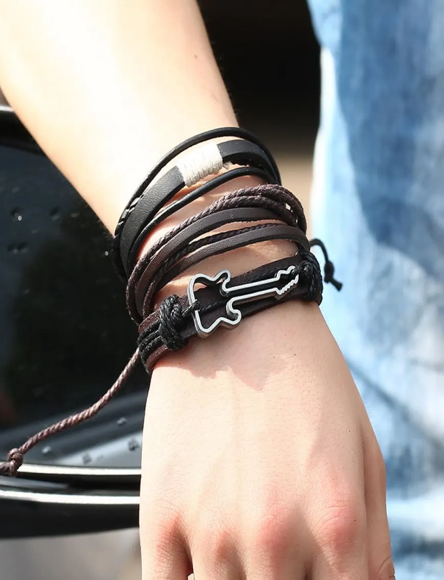 Handmade Vintage Woven Leather Bracelet With Alloy Rock Guitar
