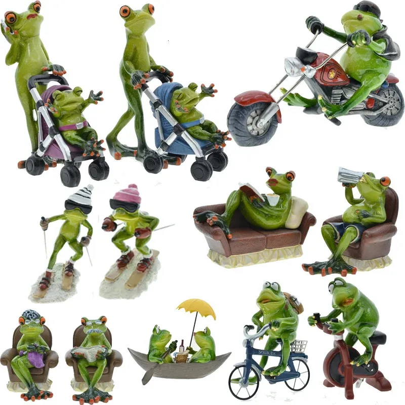 Dekorativa föremål Figurer 1-4pcs 3D harts kreativt groda hantverk Tänker på skidåkning Cycling Sport Frog ModelHome Office Tabletop Decor Present Present 231201