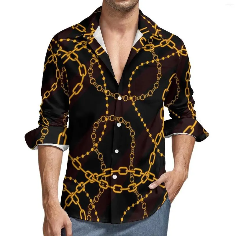 Men's Casual Shirts Golden Chain Men Links Print Shirt Long Sleeve Retro Y2K Blouses Autumn Graphic Clothing Big Size 3XL 4XL