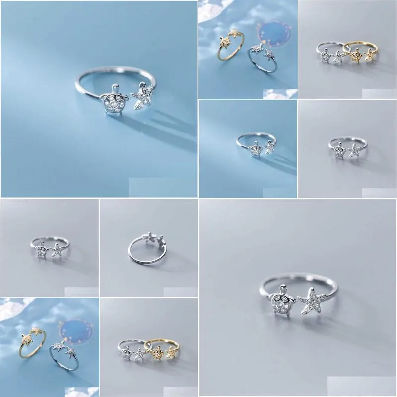 Charm Rings Ventfille 925 Sterling Sier Korean 버전의 귀여운 거북이 불가사모 여성 신선하고 간단한 지르콘 링 Z0223 드롭 DH6TN