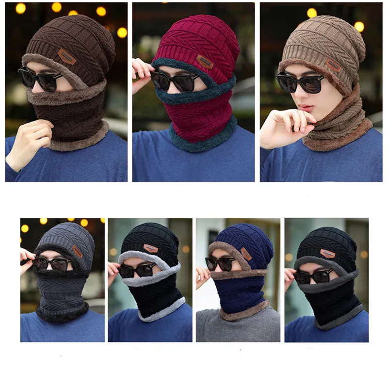 Winter Wool Neck Scarf Cap For Men Women Thick Warm Velvet Beanie Hat Knitted Hat Outdoor Riding Hat Mask Bonnet Hats Set Scarf