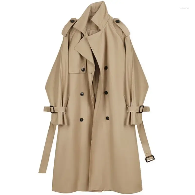 Trench da donna Autunno Inverno Donna Manica lunga Cintura allentata Solido Lunghezza al ginocchio Cappotto medio Donna Capispalla kaki con risvolto