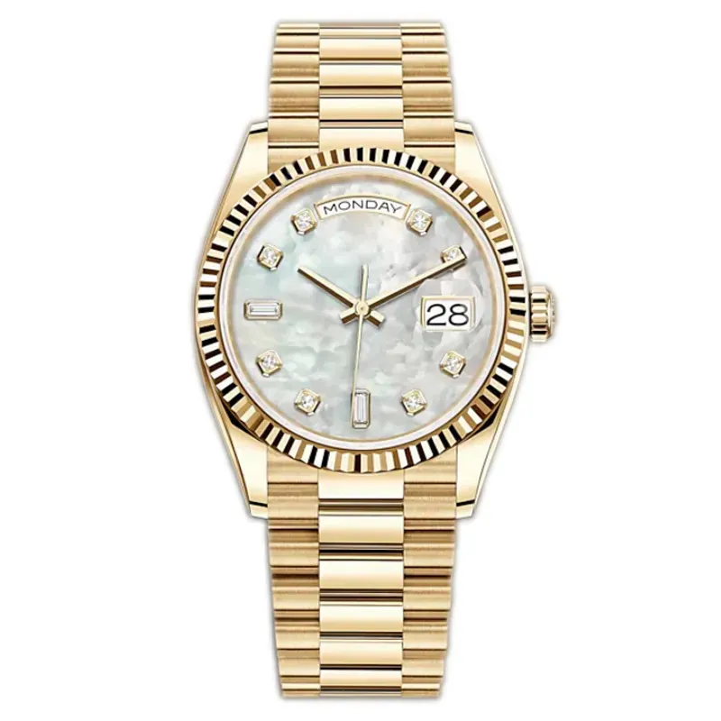 Relógio de aço inoxidável dourado masculino e feminino 8205 movimento 36mm 41mm casal mecânico automático relógio branco pérola Fritillaria mostrador safira luminoso à prova d'água