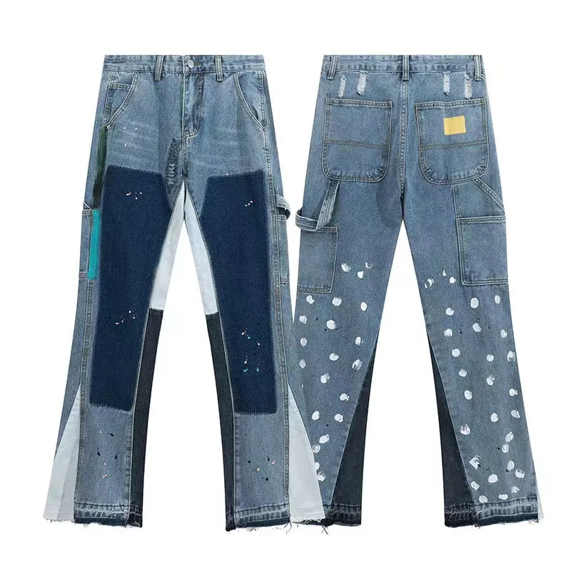 Vintage Distressed Splash Ink Flare Jeans Mens Streetwear Patchwork Hip Hop Graffiti Heavy Wash Blue Slim Fit Denim Pants Womens Sweatpants joggers men sweat pants