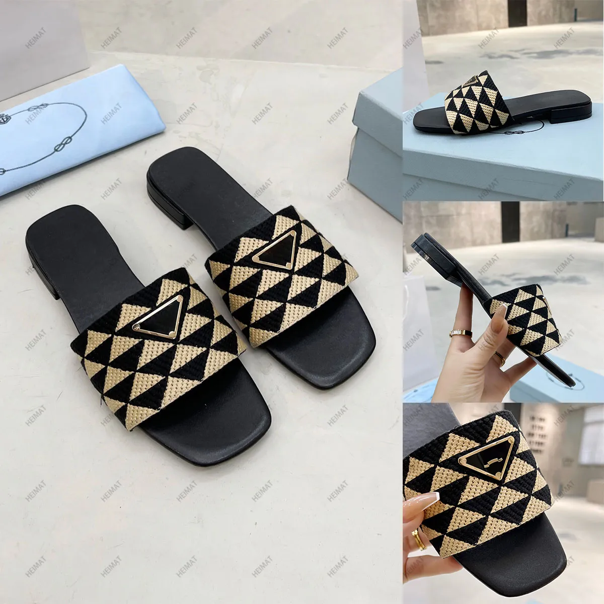 Designer luxe damesslippers sandalen verguld borduurwerk vervaardigde stof zomermode strand platte slippers met doos en stofzak 35-43