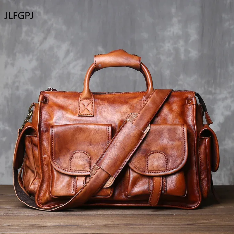 Briefcases JLFGPJ Pure Hand Polished Vintage Handbag Top Layer Plant Tanned Cowhide Casual Crossbody Men's Bag Genuine Leather Computer 231130