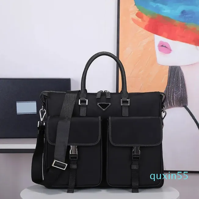 Nylon portfölj verklig läder tote män handväskor mode metall triangel crossbody laptop fodral justerbar avtagbar bandband stor kapacitet