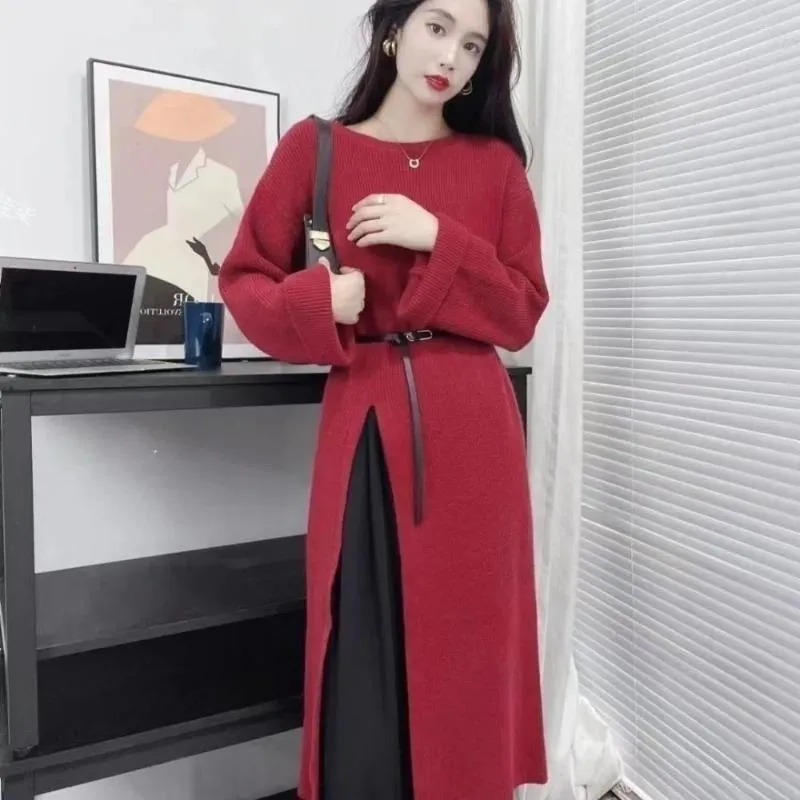 Women's Sweaters Autumn Winter Long Dress Knitted Side Splited Knee Length Jumper Pullover Vintage Streetwear Korean Fashion Sexy Women