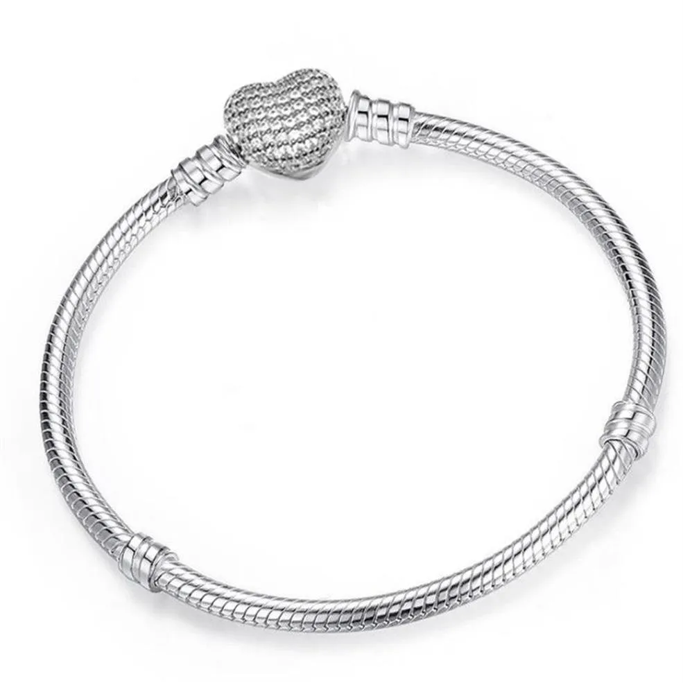 Brand New Luxury Jewelry Pure 925 Sterling Silver Pave White Sapphire CZ Diamond Gemstones Heart Bangle PartyWomen Snake Chain Bra284l