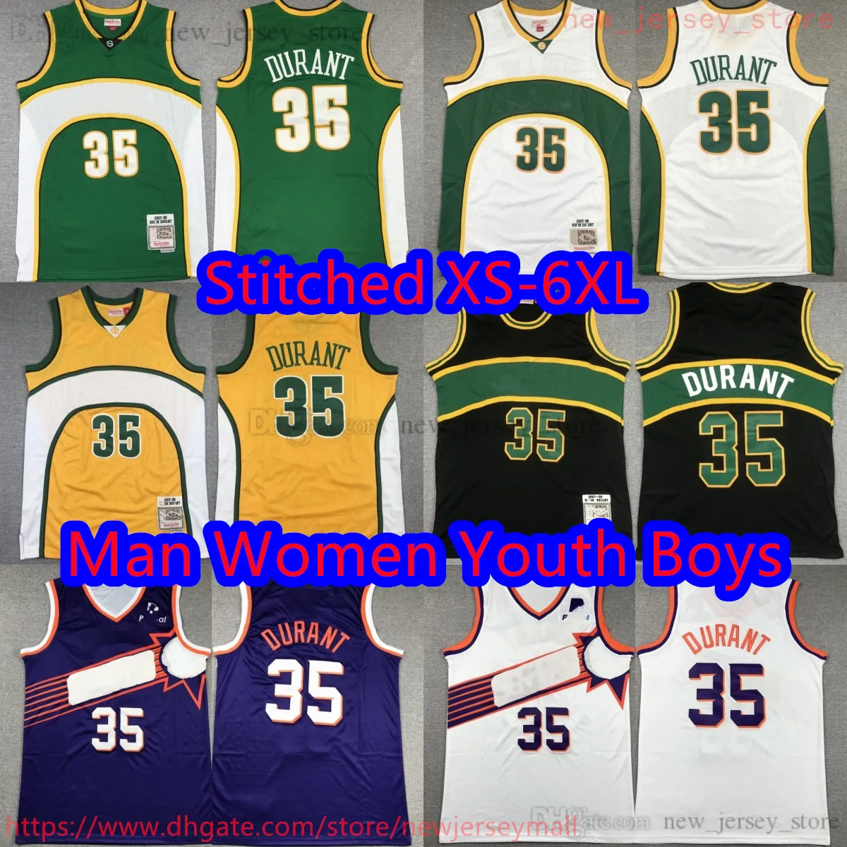 Niestandardowe XS-6xl Classic Retro 2007-08 Basketball 35 Kevin Durant Jersey Classic Vintage żółte zielone białe koszulki oddychające koszule sportowe retro durant