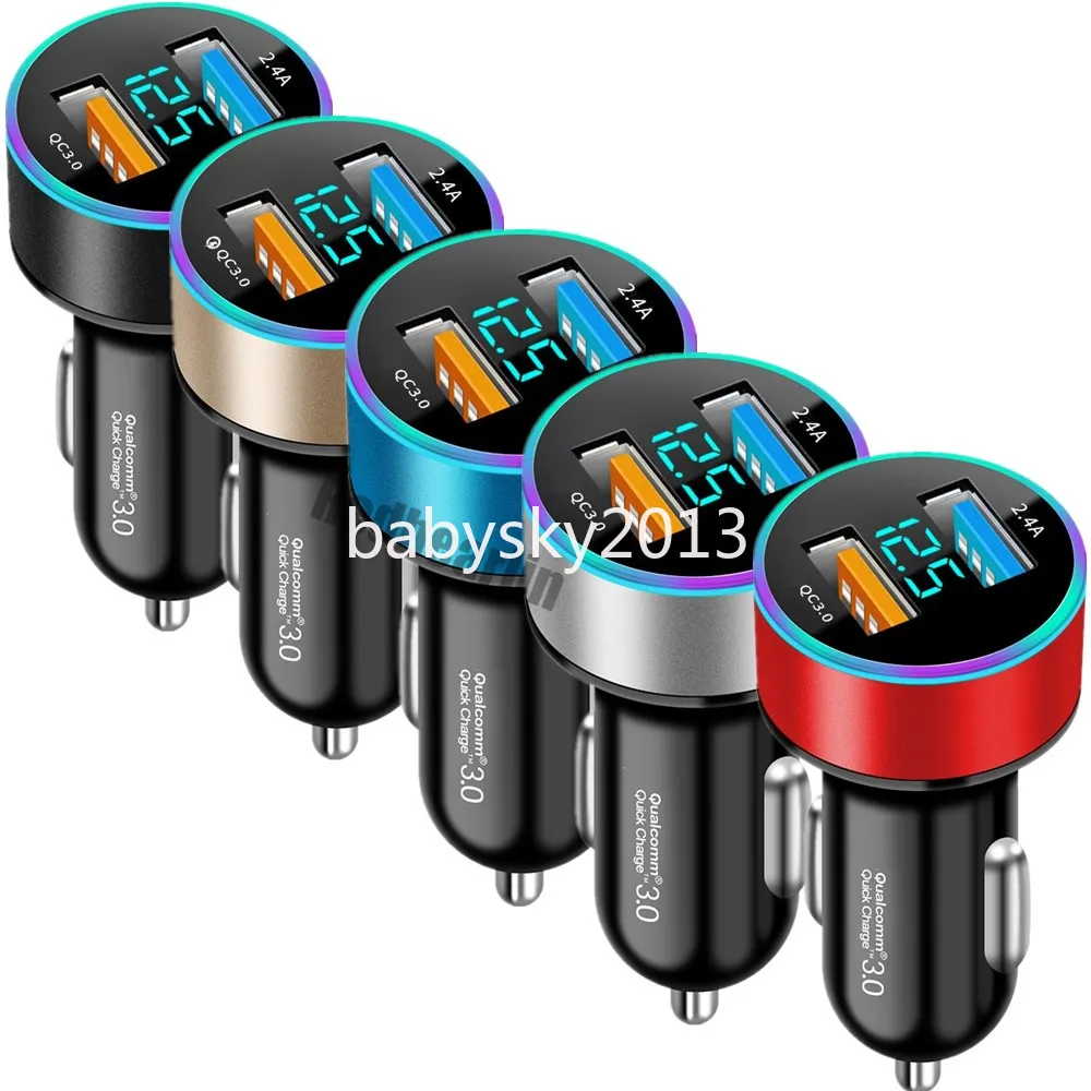Legierung LED-Anzeige Schnelles Schnellladen Autoladegerät Duale USB-Anschlüsse QC3.0 30W Netzteile für iPhone 14 15 Pro max Samsung S22 S23 Htc Xiaomi Android B1
