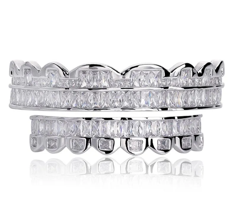 New Baguette Set Teeth Grillz Top Bottom Silver Color Grills Dental Mouth Hip Hop Fashion Jewelry Rapper Jewelry9416179