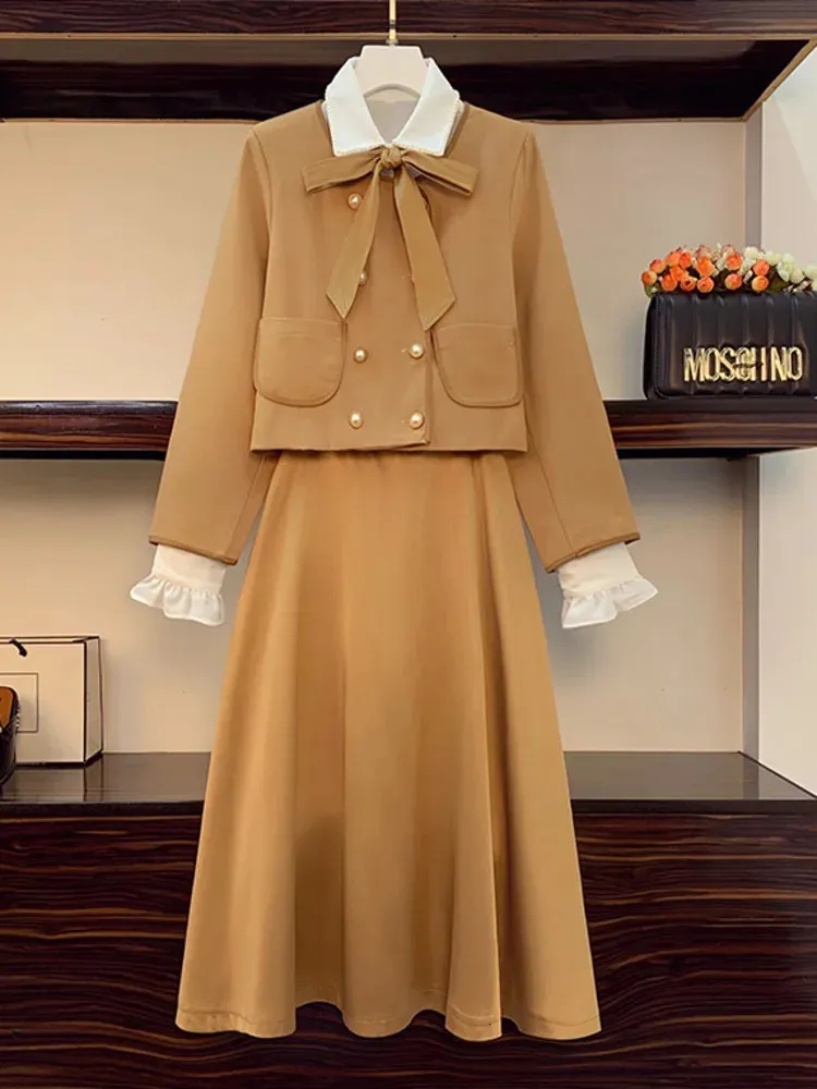 Zweiteilige Dres French Vintage Fragrance 3 Sets Büro Damen Elegante Bluse mit Schleifenkragen, zweireihig, Mäntel, Röcke, 4XL, Anzüge 231130
