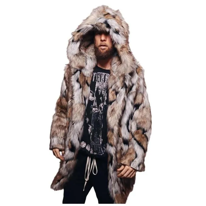 Men'S Fur Faux Mens Winter Men Coat 2022 Jacket Fashion Warm Leopard Thick Hooded Outwear Overcoat Drop Delivery Apparel Clothing Dhjuu