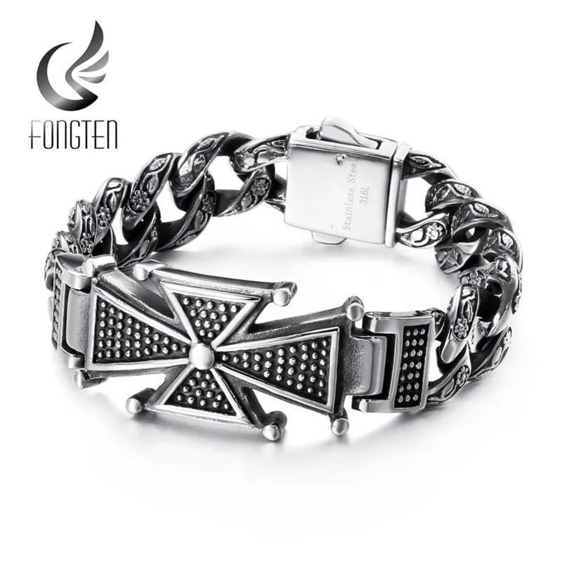 Fongten Skull Cross Curb Herenarmband Vintage Zwarte Cubaanse ketting Roestvrij staal Skelet Mannelijke armbanden Bangle Sieraden CX20361x