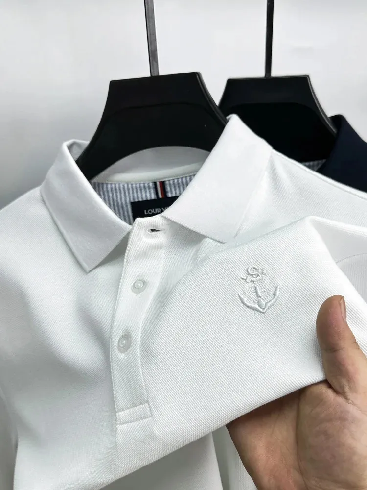 Polos masculinos de alta qualidade primavera e outono design de mangas compridas de alta qualidade âncora bordada lapela camisa polo negócios casual top 231201