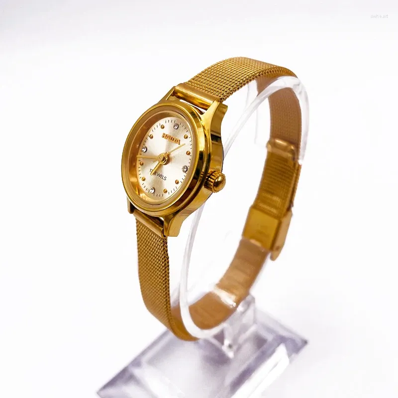 Wristwatches Antique Gold Plated Oval Steel Band Graduated Domestic Diamond Faced Women's Manual Mechanical Watch In Stock The 1980s