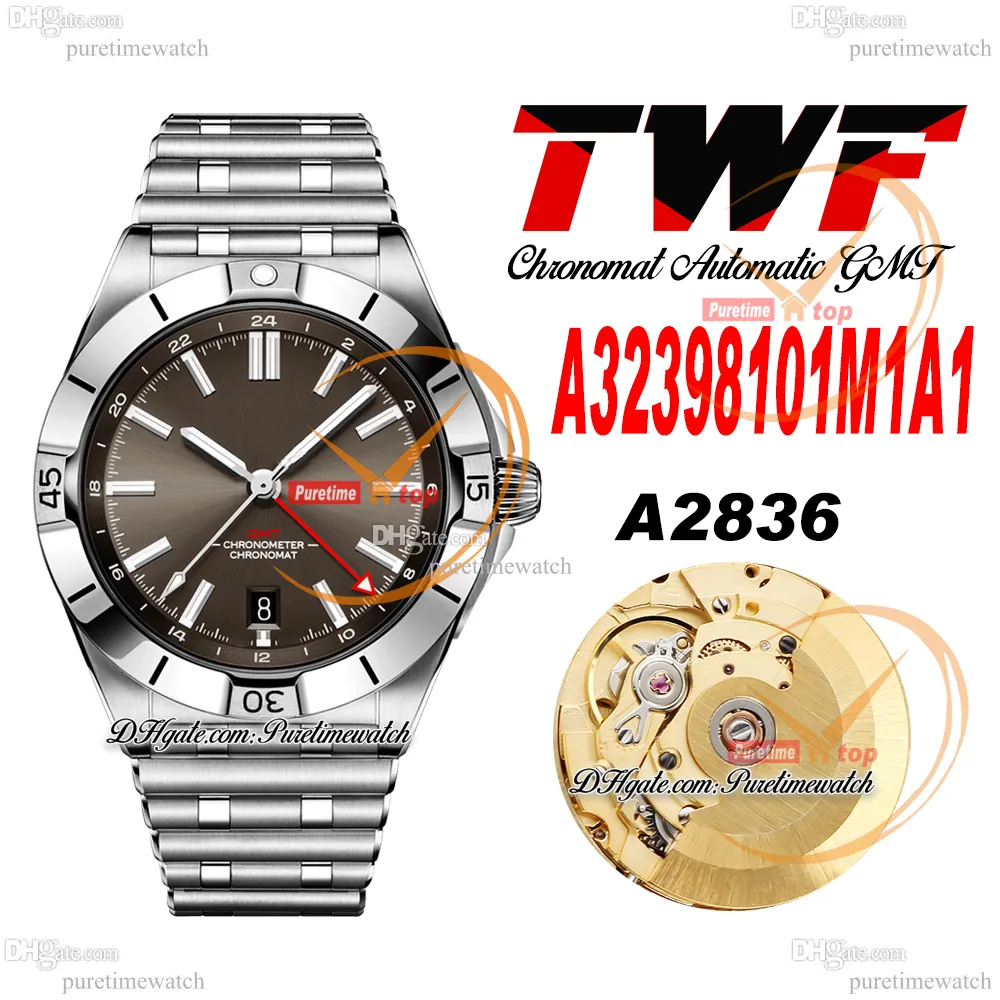 TWF Chronomat GMT ETA A2836自動メンズウォッチグレースティックダイヤルステンレススチールルーーブレースルA32398101M1A1スーパーエディションReloj Hombre Puretime D4