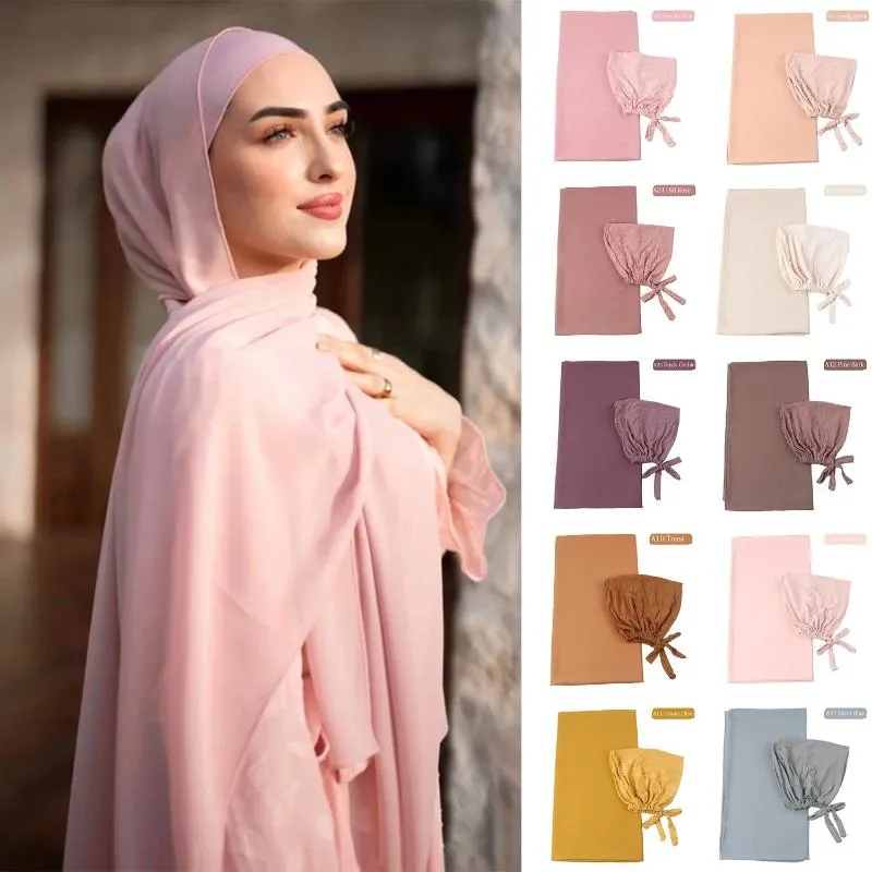 Ethnic Clothing Two Piece Set Chiffon Hijab And Turban Muslim Women Veil Islamic Fashion Ramadan Headscarves Ladies Shawls