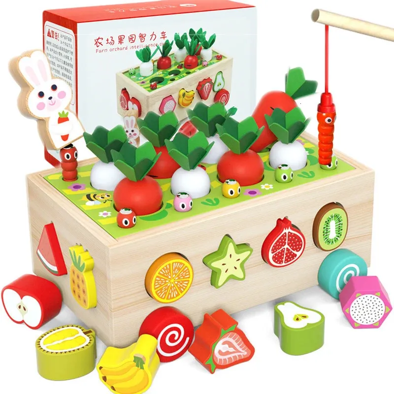 Learning Toys Montessori Toy Set Wooden Baby Fishing Pull Along Car Shape Cognitive Puzzle Learing Children 231201