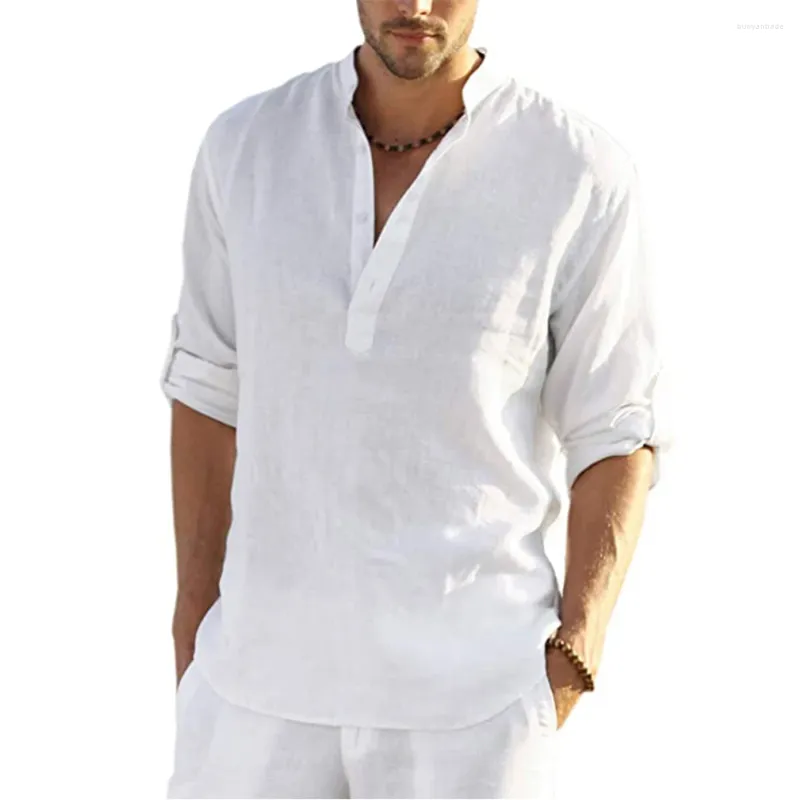 Camisas masculinas casuais de algodão camisa solta sólida manga comprida blusa tops moda v pescoço primavera outono homens bonitos