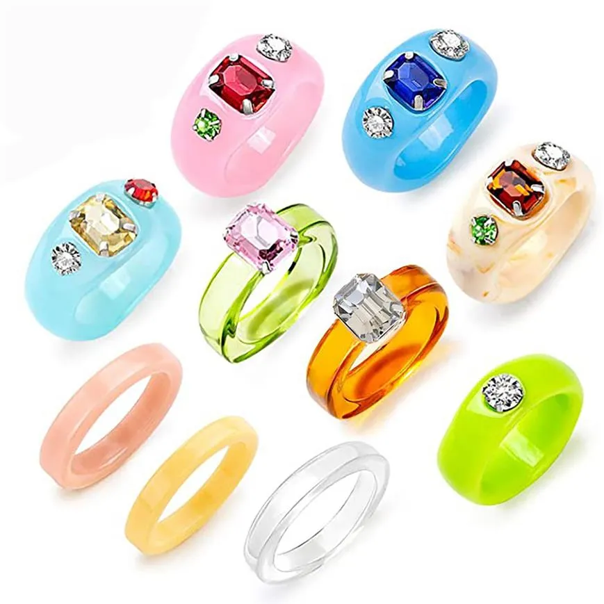 Colorful Resin Rings Retro Chunky Ring Unique Rhinestone Acrylic Fashion Stacking Square Jewelry Finger Trendy Gift for Women and 323n