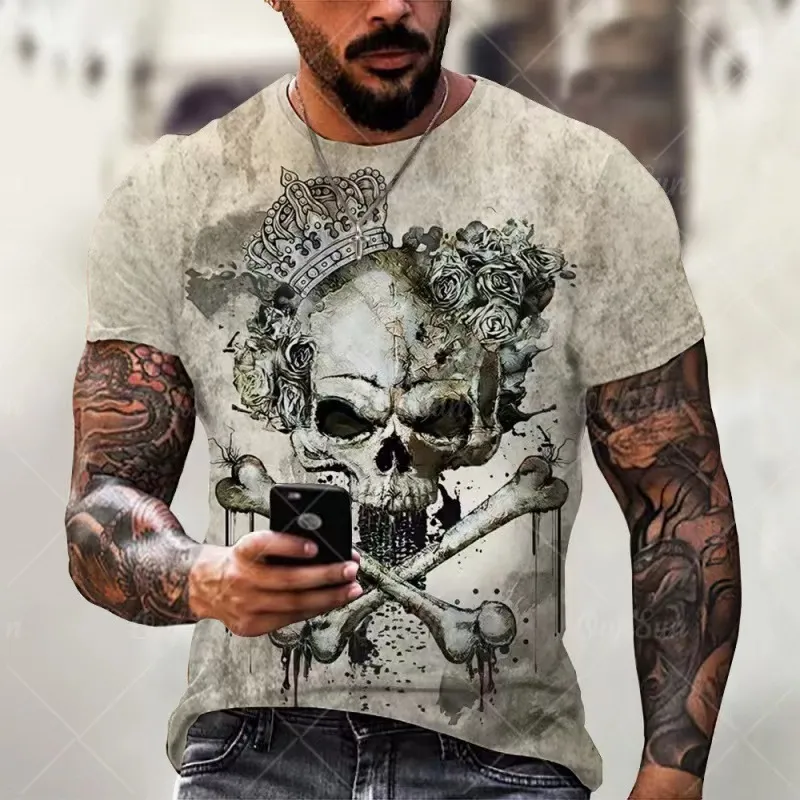 2023 new short-sleeved foreign trade Europe and the United States street fashion men comfortable casual round neck shirt 3D printed skull T-shirt