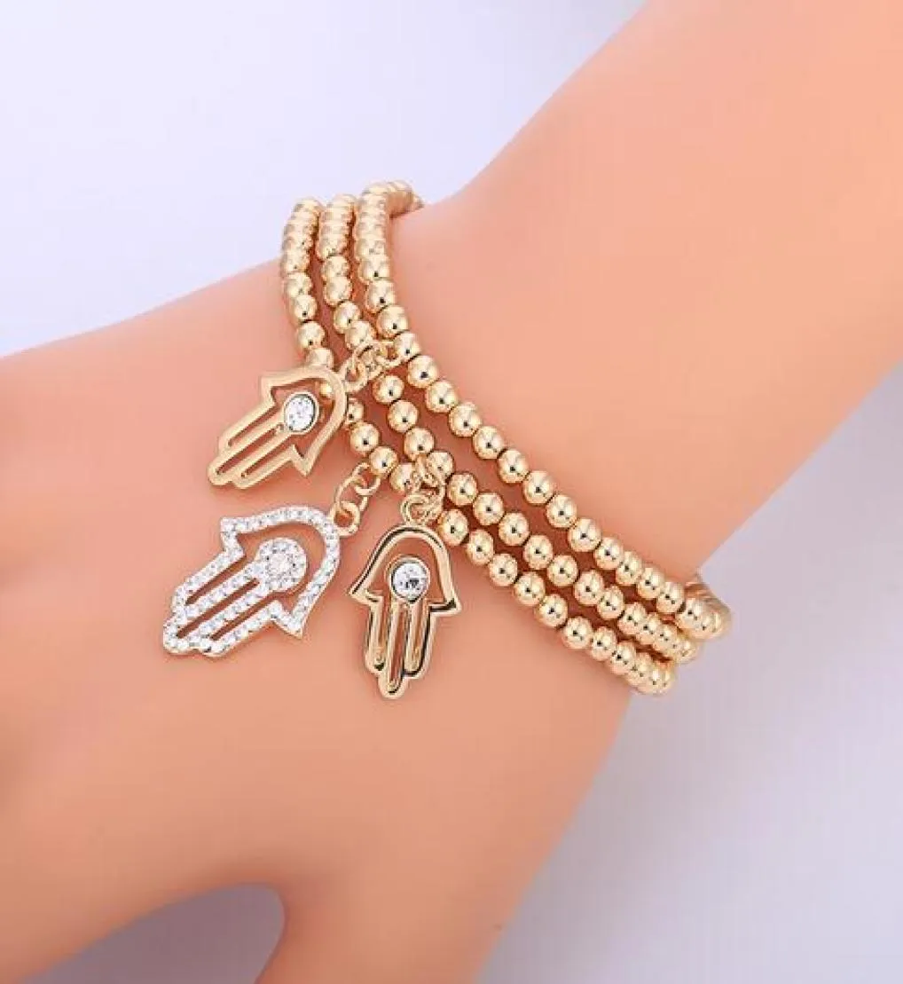 Ouro mau olho pulseira turco cz cristal pequeno charme mão de hamsa pulseiras para mulheres corrente elástica moda grânulo jóias presentes1535635