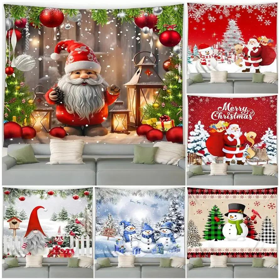 Tapisseries Drôle Père Noël Tapisserie Hiver Bonhomme De Neige Arbre De Noël Boules Rouges Forêt Décoration De Noël Maison Salon Chambre Tenture Murale 231201