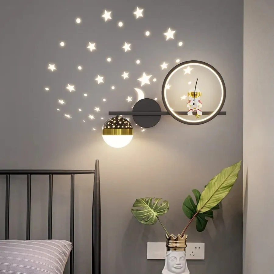 Luminária de parede led para cabeceira de quarto, lua, estrelas, luz de projeção para quarto infantil, meninos, meninas, decoração de astronauta