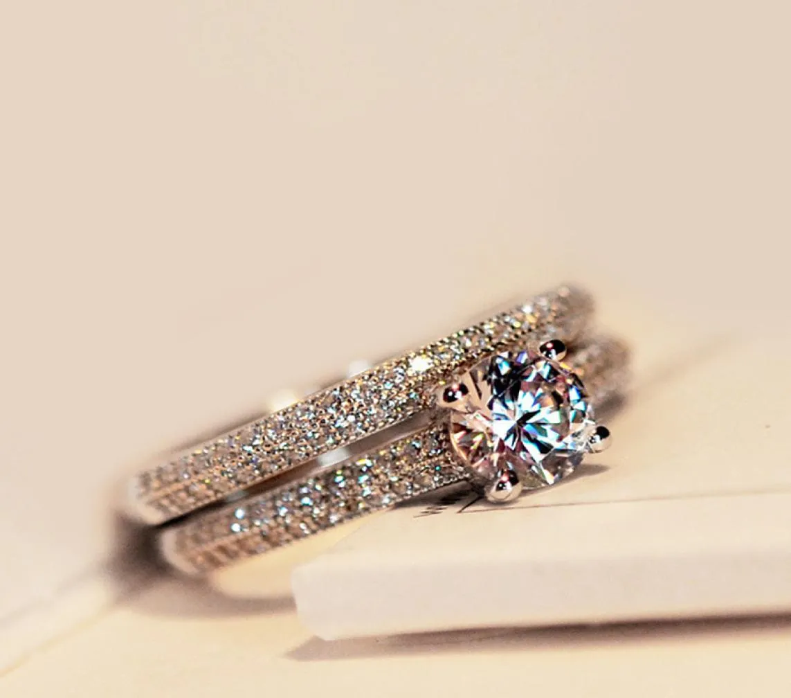 2PCS l set Bamos Luxury Female White Bridal Wedding Ring Set Fashion 925 Silver Filled Jewelry Promise CZ Stone Engagement Rings5270160