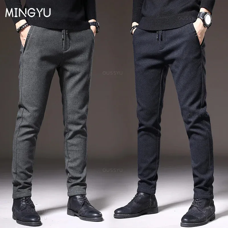 Men's Pants MINGYU Brand Autumn Winter Brushed Fabric Casual Men Thick Business Work Slim Cotton Black Grey Trousers Male Plus Size 38 231201