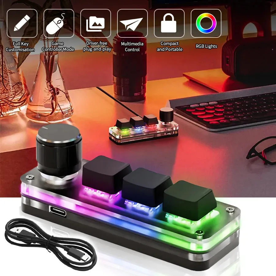 Klavyeler USB Mekanik Klavye Gamer 3Keys Makro Özel RGB Oyun Programlama Knob Mini Tuş Takımları P OSHOP 231130