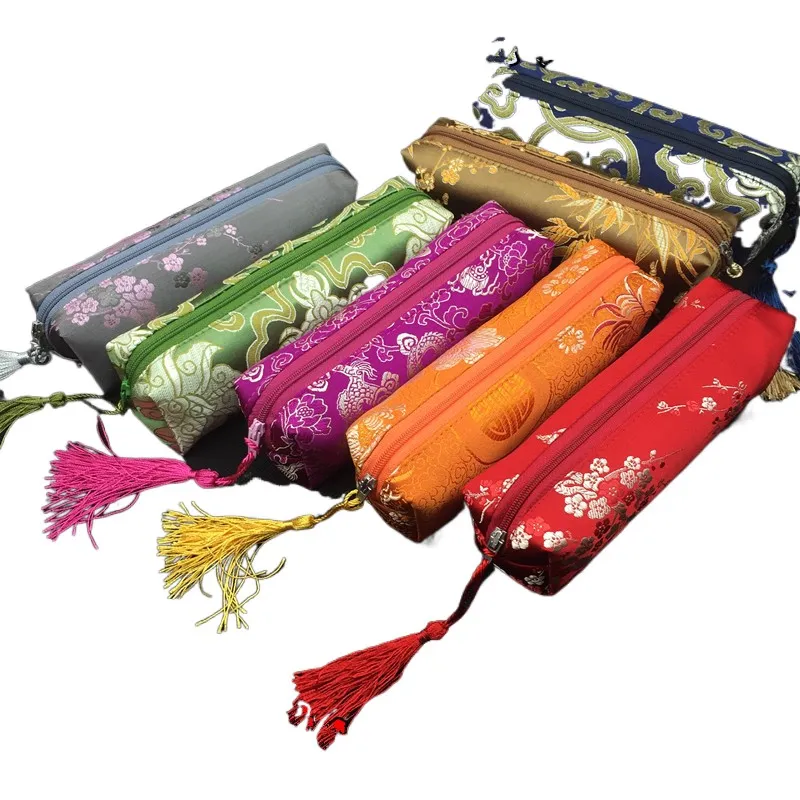 Waterproof Tassel Long Zipper Bags Silk Brocade Travel Jewelry Necklace Storage Pouch Pencil Case Makeup Tools Packaging Bag Cosmetic Purse