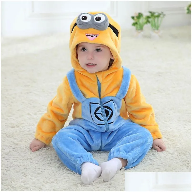 Rompers New Animal Baby Romper Yellow Minions Bebe Infant Clothing Boy Girl Clothes Cartoon Flannel Hooded Jumpsuit Costume 201030 Dro Dh2Ih