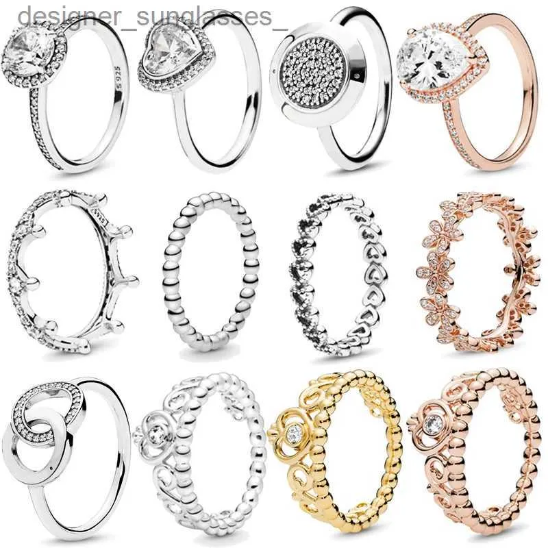 Pierścienie zespołowe Autentyczne 925 Sterling Silver Princess Tiara Crown Brawling Heart CZ Pierścienie dla kobiet biżuteria zaręczynowa Aniversaryl231222