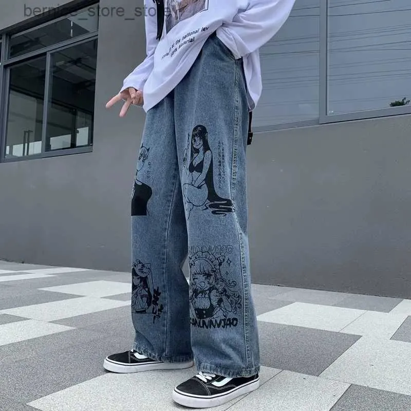 Men's Pants Autumn Korean American retro cartoon graffiti print jeans men and women trendy streetwear hip hop leg pants Q231201