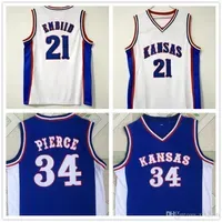 College WearsNCAA Kansas Jayhawks 34 Paul Pierce 22 Joel Embiid Basketball Jerseys White Blue College Shirts Stitched patches embroidered