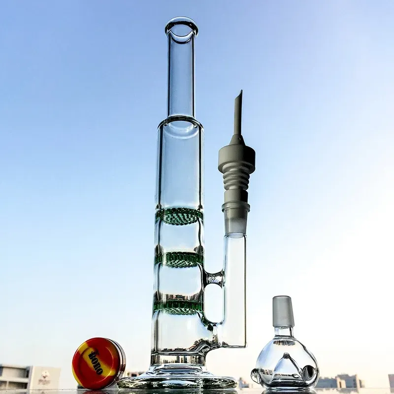 Hookahs With 14mm Ceramic Nail Carb Cap Glass Bong Dab Rigs Water Pipes 3 Layers Perc Smoking Water Bongs Straight Tube 10XX-3