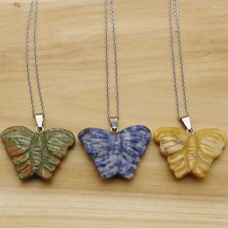 Pendant Necklaces Natural Stone Carving Butterfly Type Crystal Agate Pendants Stainless Steel Chain Necklace DIY Jewelry Accessories