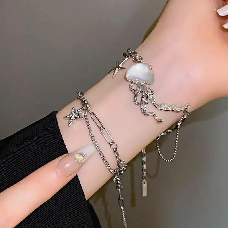 Bangle Luxury Elegent Moonstone Starfish Jellyfish Bracelet For Women Rhinestone Star Chain Birthday Party Gift Y2K Jewelry