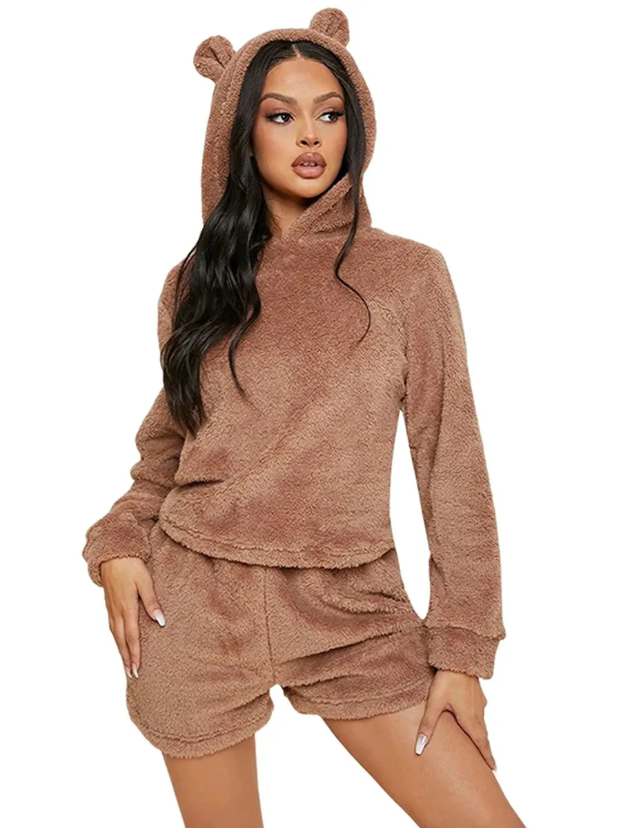 Vêtements de nuit pour femmes Ensemble de pyjama en flanelle pour femmes automne hiver, couleur unie, sweat à capuche à manches longues et short extensible, vêtements de détente, pyjama ours doux et mignon 231130