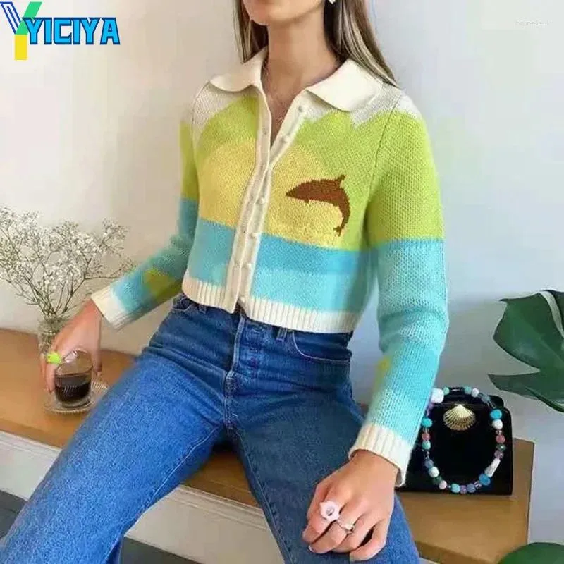 Tricots pour femmes Yiciya Cardigan Dolphin Revers Pull à poitrine unique de haute qualité Mode coréenne Épaississement Femmes Tricoté Outfit Manteau 2023