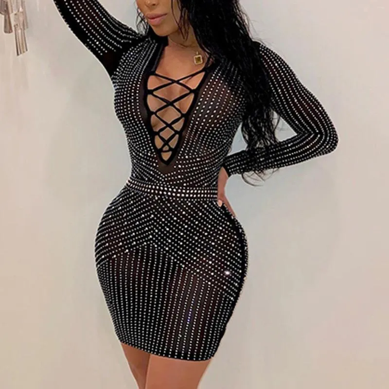 Casual Kleider Frauen Sexy Party Kleid Diamanten Strass Langarm V-ausschnitt Aushöhlen Schwarz Seethrough Mesh Bodycon Femme #4