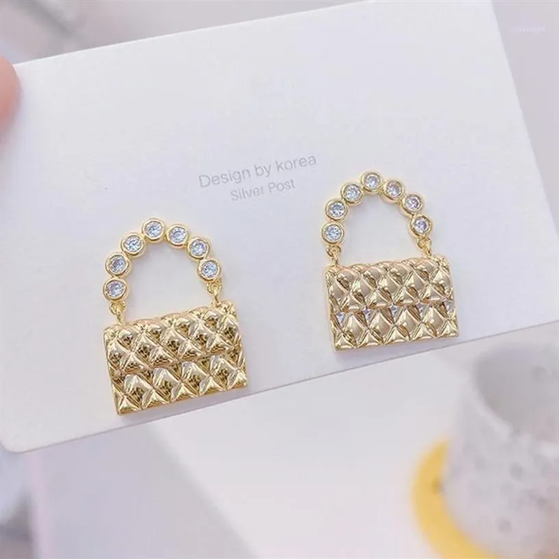 Stud Exquisite 14k Real Gold Small Handbag Women Earring Zircon Charm Earrings Wedding Jewelry Bijoux för Bridal Gift231s