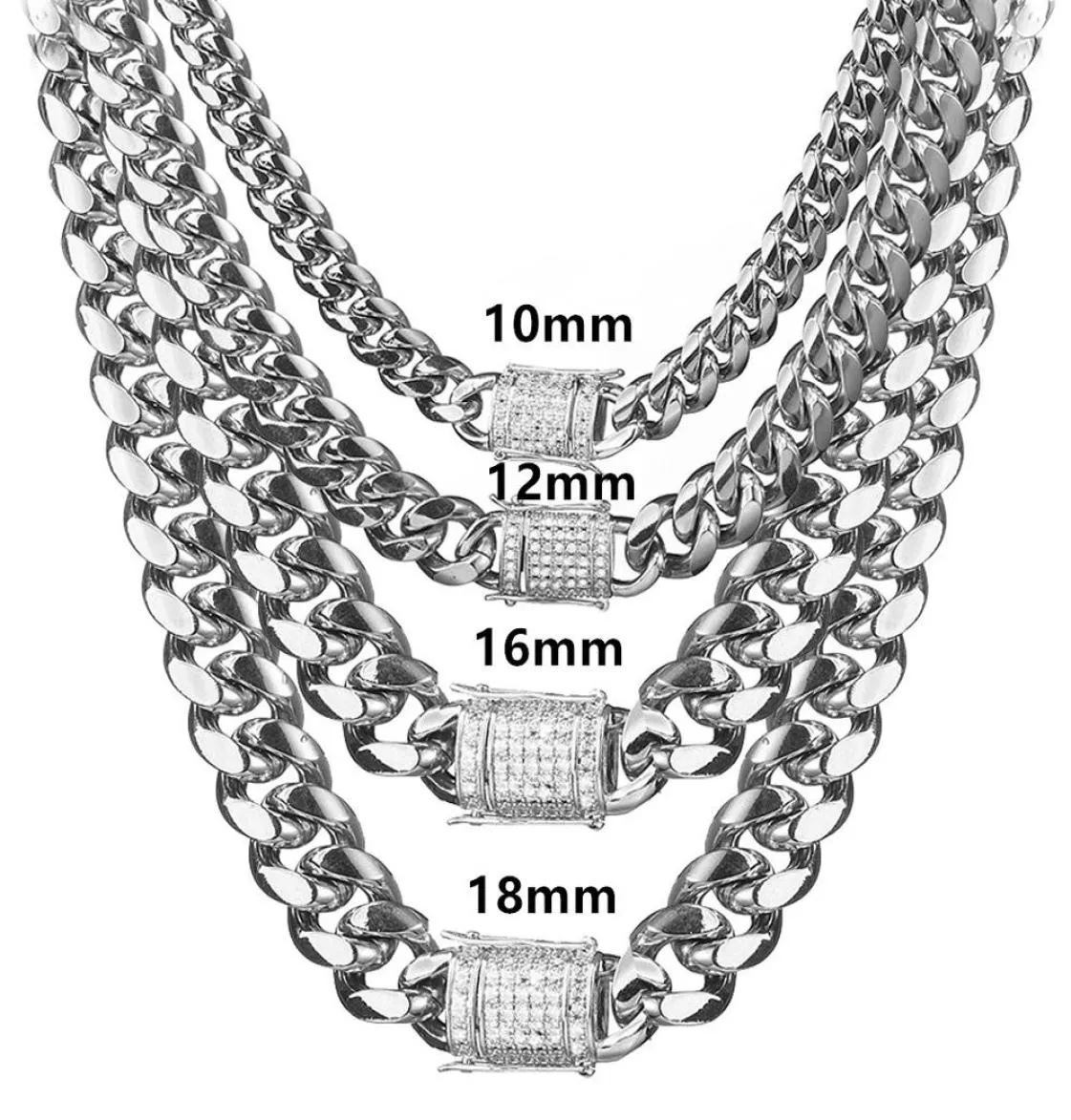 618 mm bred rostfritt stål kubanska Miami -kedjor halsband cz zirkonlås lås stor tung silverkedja för män hip hop rock smycken7471786
