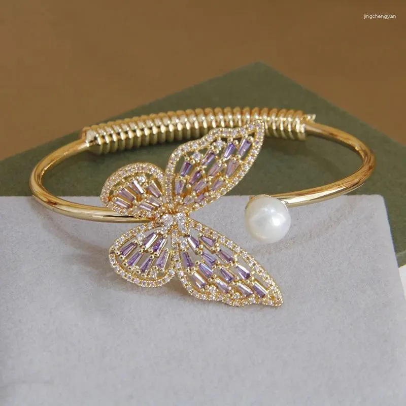 Armreif Luxus Lila Kristall Schmetterling Einstellbar Armreifen Armbänder Für Frauen Mode Marke Schmuck Zirkonia Insekt Hochzeit Armbänder