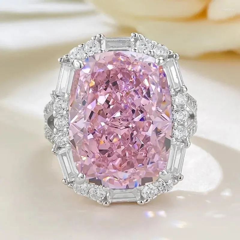 Anéis de cluster luxo 8ct rosa moissanite anel de diamante real 925 prata esterlina festa de casamento banda para mulheres homens jóias de noivado