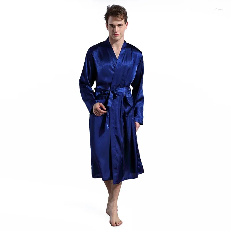 Mäns Sleepwear Robes Nightgown Satin Kimono Bathrobes Casual Home Dressing Gowns Male Soft Silky Nightdress Nightie Lounge Wear