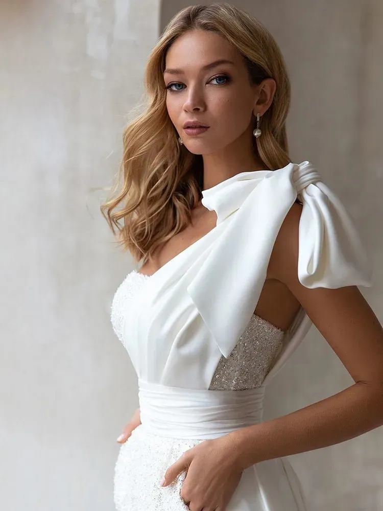 Elegant Short Jumpsuit Wedding Dress Stain Long Sweep Train Sexy One Bow  Shoulder Waisted Backless Bridal
